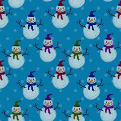 Winter seamless snowman and snowflakes pattern for Christmas wrapping paper and kids notebooks