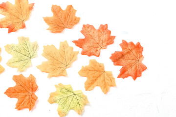 Autumn composition. Dried leaves on white background. Autumn, fall, thanksgiving day concept. Flat lay, top view, copy space