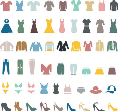 Clothes for women and men in color on a white background