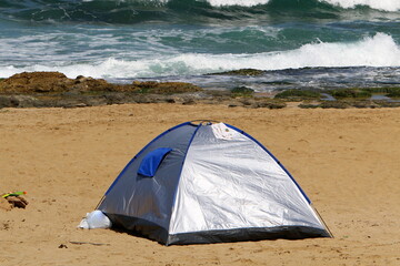 Tourist tent on the Mediterranean coast.