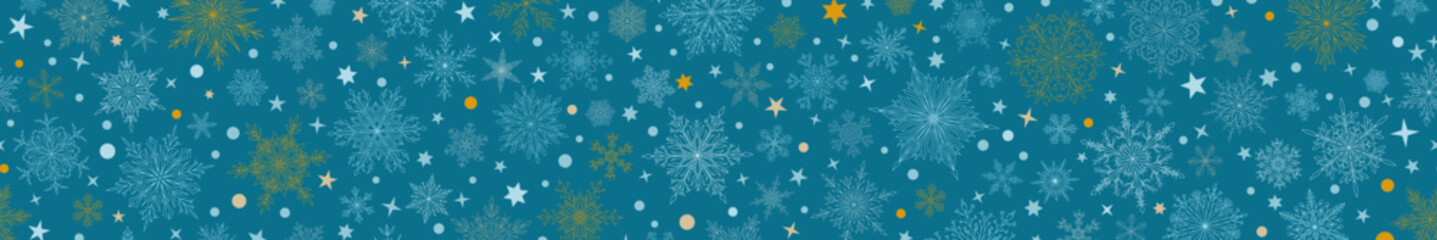 Fototapeta na wymiar Banner of complex Christmas snowflakes in blue and yellow colors with seamless horizontal repetition. Winter background with falling snow