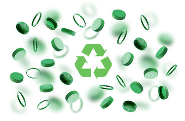 Green bottle caps, recycling symbol on a white background. Plastic caps float, fly in the air. The concept of safety from environmental damage. The idea of environmental sustainability, Earth Day