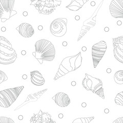 Black and white outline seashells pattern. Vector graphics