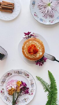 plate of pancakes, breakfast, breakfast table, good morning breakfast, yummy pancakes paired with flowers, 