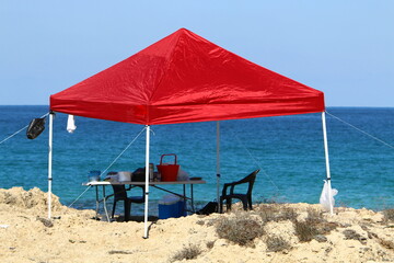 Tourist tent on the Mediterranean coast.