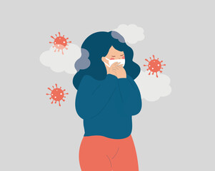 Sick woman has flu, surrounded by microbes or viruses and wearing a face mask. Woman has cold coughing because of a virus. Concept of viral infectious disease, pandemic and epidemic. Vector stock