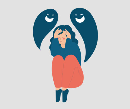 Woman with dissociative identity disorder. Pessimistic girl with mental illness. Girl with Schizophrenia symptoms looks scared tries to hide her face. Concept of Split Personality and mental health.
