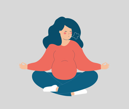 Young woman expecting a baby and practicing breathing exercises. Pregnant sits in yoga lotus position and makes inhale exhale. Concept of new maternity mental health wellbeing and respiratory system.