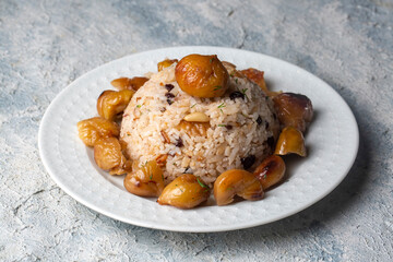 Traditional delicious Turkish food; chestnut rice pilaf (Turkish name; kestaneli pilav)