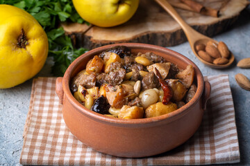 Traditional delicious Turkish foods; Quince and plum lamb stew, lamb tandoori (Turkish name; Ayvali - erikli kuzu guvec - kuzu tandir