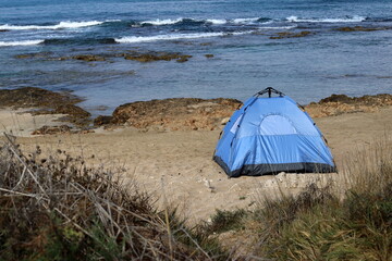 Tourist tent on the Mediterranean coast.