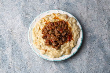 Turkish Food Hunkar Begendi made with Eggplant and Meat.