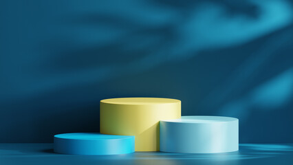 3d Rendered Triple Podium in Blue and Lime Color with Shadow Cast Suitable For Product Display