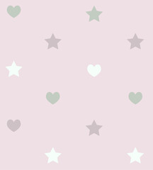 Wallpaper design in pastel tones, soft color palette, stars and love hearts seamless pattern design, textile fabric, mural art.