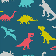 Dinosaur wallpaper design for kids room, T-Rex, Tyrannosaurus, Brachiosaurus, Pterodactyl, Diplodocus, seamless pattern, textile fabric, mural art.