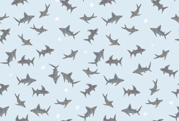 Fototapeta na wymiar Shark wallpaper design for kids room, seamless pattern, ocean background, mural art.