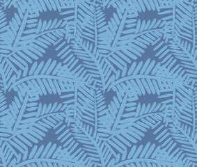 Seamless pattern with palm leaves, wallpaper design, blue background, fabric, textile, mural art.
