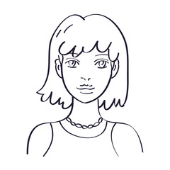 Beautiful elegant girl or young woman model with bob haircut and bangs face portrait hand drawn line art sketch style vector illustration