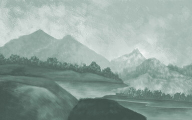 Landscape with fog wallpaper design, green monochrome background, oil painting, brush textured, mural art.