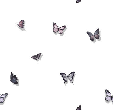 Set of butterflies isolated on white, butterfly wallpaper design, seamless pattern, textile fabric, oil painting, white background, mural art.