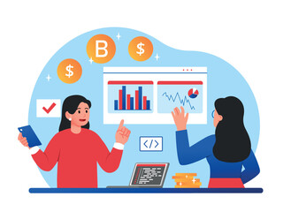 Cryptocurrency trading concept. Girls evaluate growth of bitcoin, investors choose currency for investment, analyze graphs and charts. Blockchain technology. Cartoon flat vector illustration