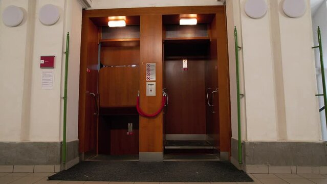 historical Paternoster lift (P&aacute;ternoster v&yacute;tah)Brno,Czech republic, Europe,paternoster lift is a passenger elevator which consists of a chain of open compartments that move in a loop up and down