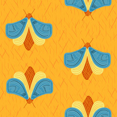 Fototapeta premium Teal blue and yellow moths repeating seamless pattern on a textured orange background