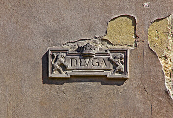 Vintage street sign (Dluga street) in the Gdansk Old Town, Poland