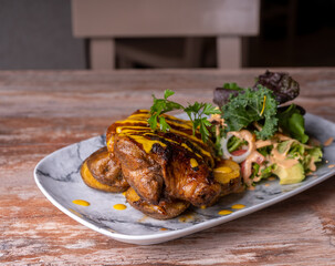 Typical dishes of Peru, on the table of a Peruvian food restaurant.