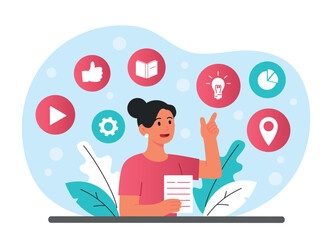 Mind map concept. Young girl sorts information in her head, modern advanced memorization techniques. Grouping goals and objectives. Mental work and development. Cartoon flat vector illustration