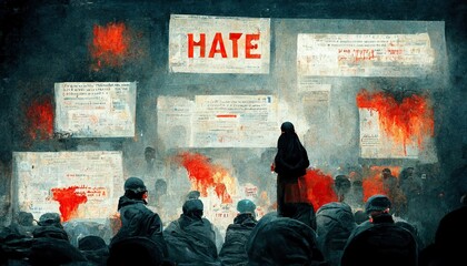 Hate speech expresses, encourages, stirs up, or incites hatred against a group of individuals such as race, ethnicity, gender, religion, nationality, and sexual orientation - obrazy, fototapety, plakaty
