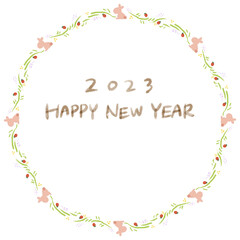 2023年卯年年賀素材　うさぎと野いちごの手描きイラストフレーム