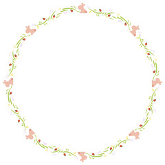 うさぎと野いちごの手描きイラスト　円形フレーム