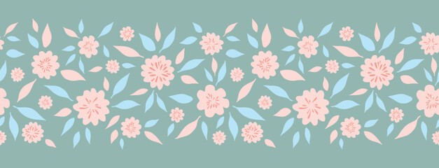 Abstract flowers seamless pattern with leaves shape stamps. Horizontal border. Pink doodle floral repeat background. Hand drawn vector for fabric, wrapping or wallpaper.