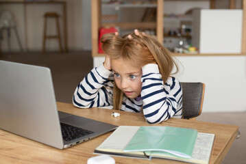 A hard day at school. Sad child the kid is studying in the classroom. Complex math, online video...