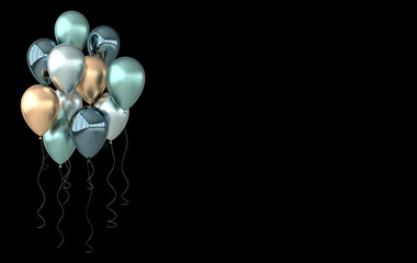 3d render illustration of realistic glossy golden, green  balloons on black background.  Bunch of balloons for party design © Meranna