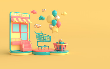 Illustration of glossy colorful balloons, shopping cart, basket, present box, smartphone, clouds.  Online shopping concept. 3d render