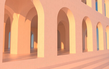 3d rendering. Arch hallway geometric background, architectural corridor, arch columns, empty wall. ancient housing Banner for travel presentations