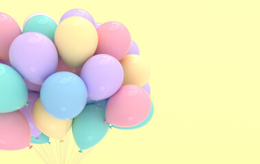 A bunch of pastel colored balloons on yellow background. Empty space for birthday, party, promotion social media banners, posters. 3d render balloons