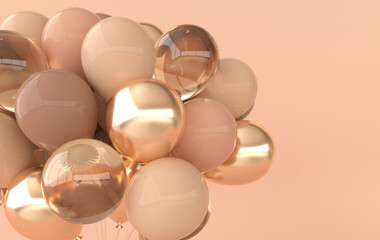 A bunch of glossy golden and beige balloons. Empty space for birthday, party, promotion social media banners, posters. 3d render balloons background