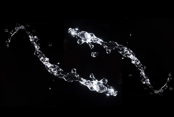 Water splash shot in studio, white water and black background, pure water for drink and food concept copy space for text and design