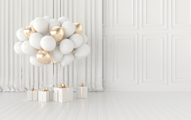 Interior walls with bunch of balloons and curtains. Walls with ornated mouldings panels and wooden floor, classic cornice. 3d rendering interior mock up. White and golden colors © Meranna