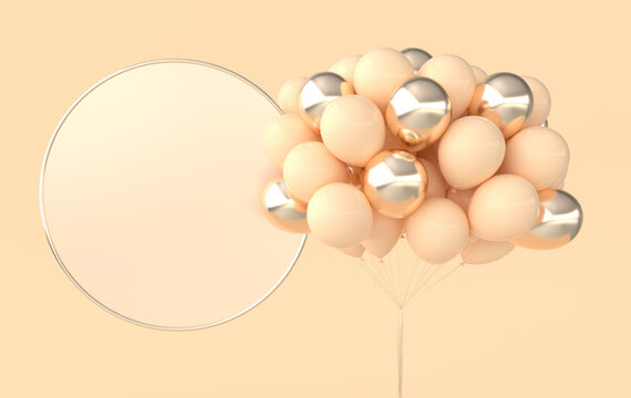 3d render illustration of realistic balloons and frame for text, beige, golden colored background. Empty space for party, promotion social media banners, posters.