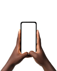 Black hand holding phone facing camera isolated on white background. blank screen, phone screen mockup, front view, clipping path, clipping mask