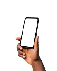 Black hand holding phone facing camera isolated on white background. blank screen, phone screen...