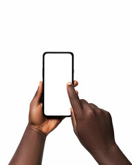 Black hand holding phone facing camera isolated on white background. blank screen, phone screen mockup, front view, clipping path, clipping mask