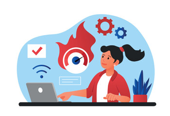 Speed test concept. Young girl checking her laptop, evaluating efficiency and performance of computer. Technical master and IT specialist, modern technologies. Cartoon flat vector illustration