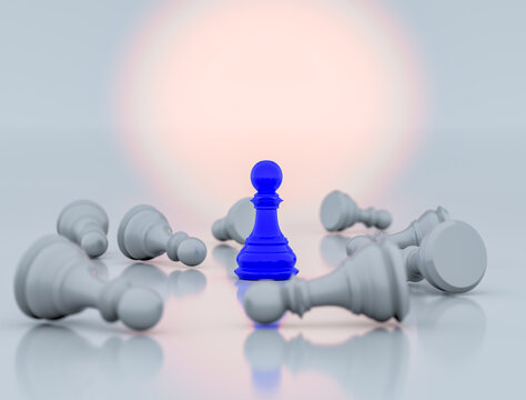 Blue chess pawn standing in the middle of scattered white chess pieces, 3d illustrations