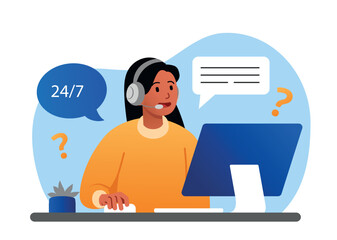 Service 24 7. Girl in headphones answers questions from consumers and clients of company. Feedback and FAQs. Technical support and consultation by smartphone, hotline. Cartoon flat vector illustration