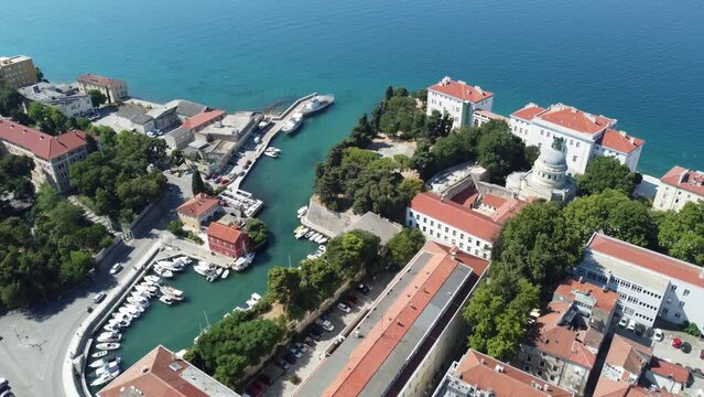 Harbor of Zadar, Zara in Croatia filmed from above in 4k